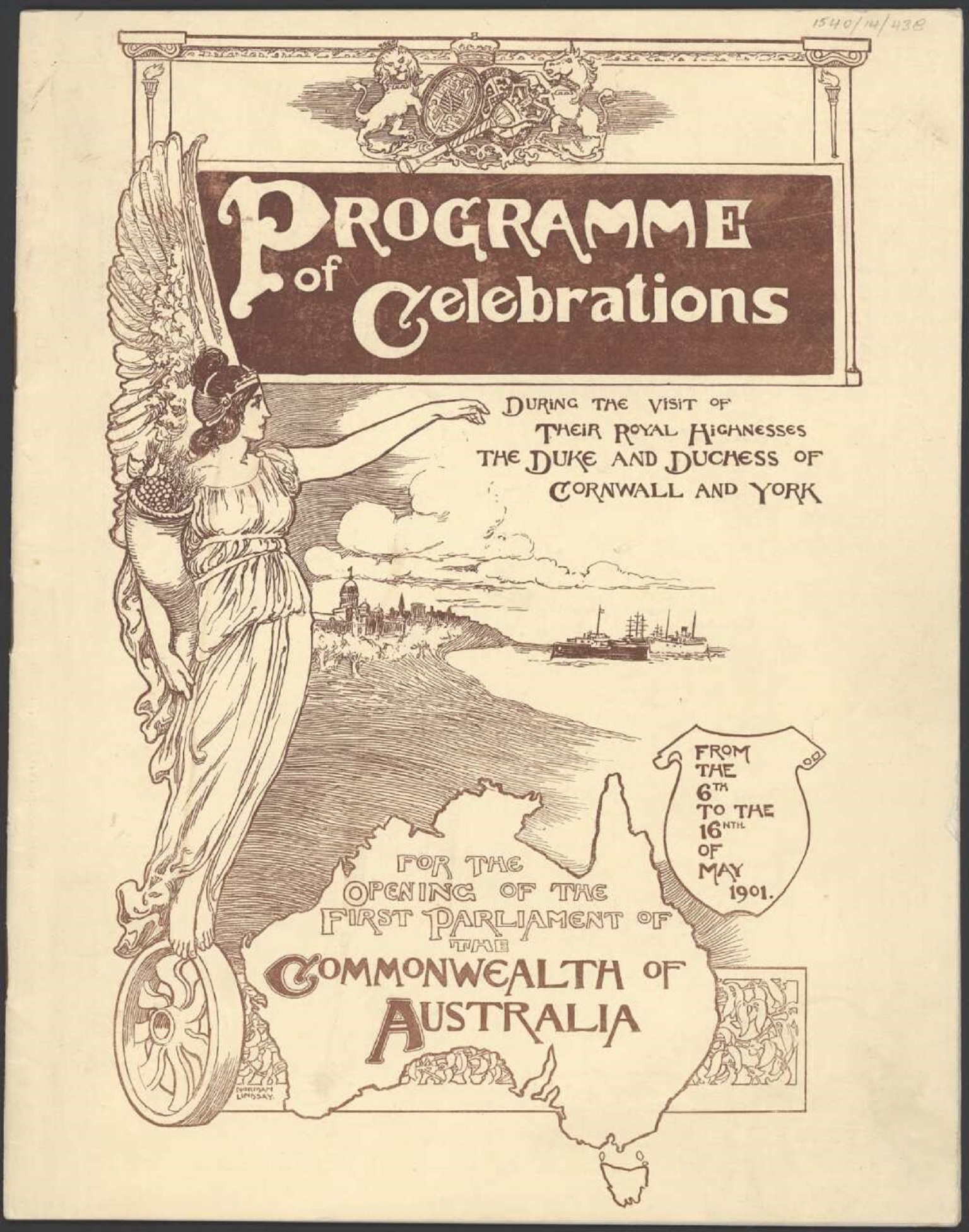 Illustrated cover featuring an angelic figure beside the map of Australia for the programme of celebrations marking the opening of the first Parliament, May 1901