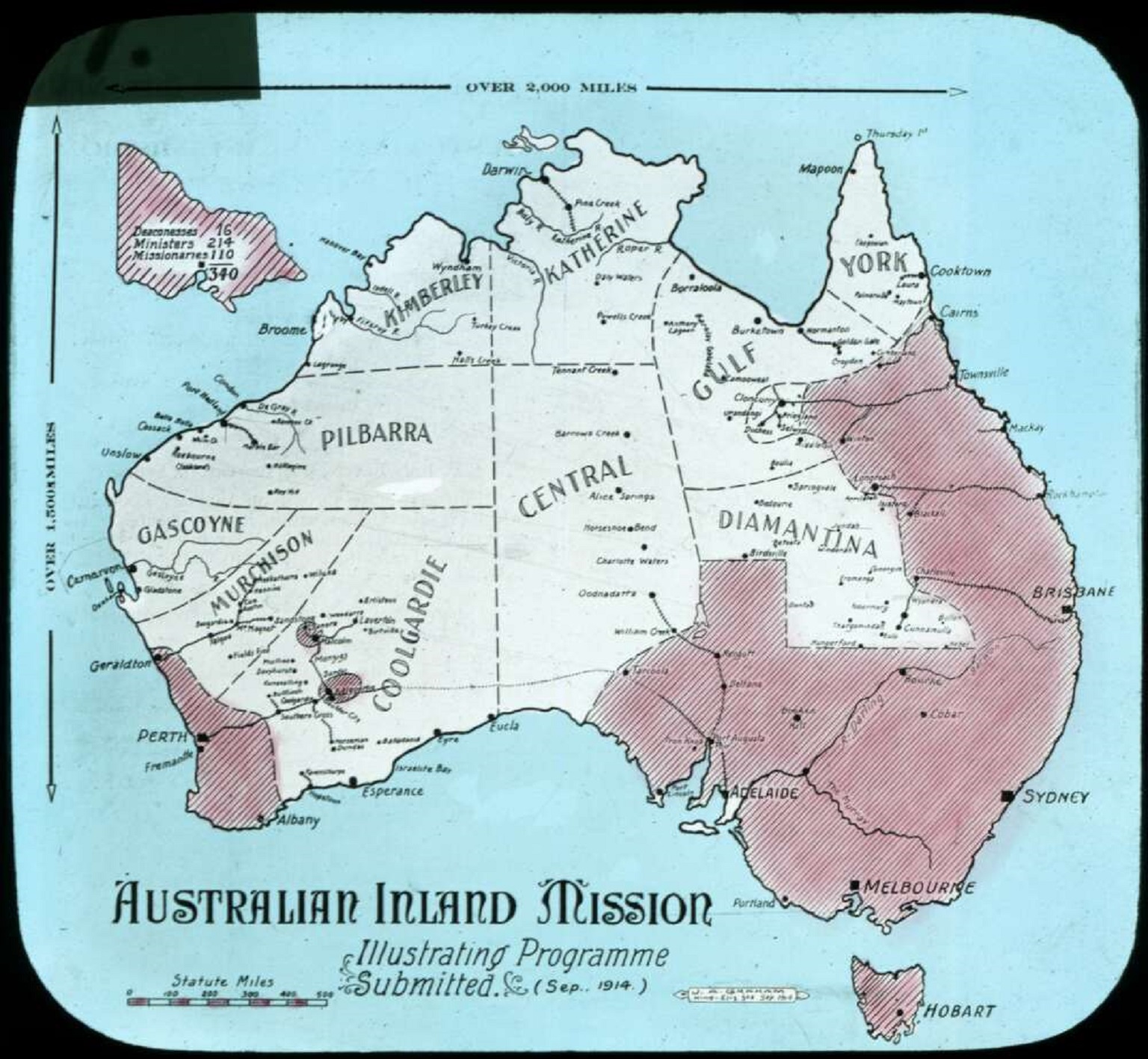 Map of Australia showing regions in light and dark shading, highlighting the inland mission areas in 1914 with key locations labelled across the country.