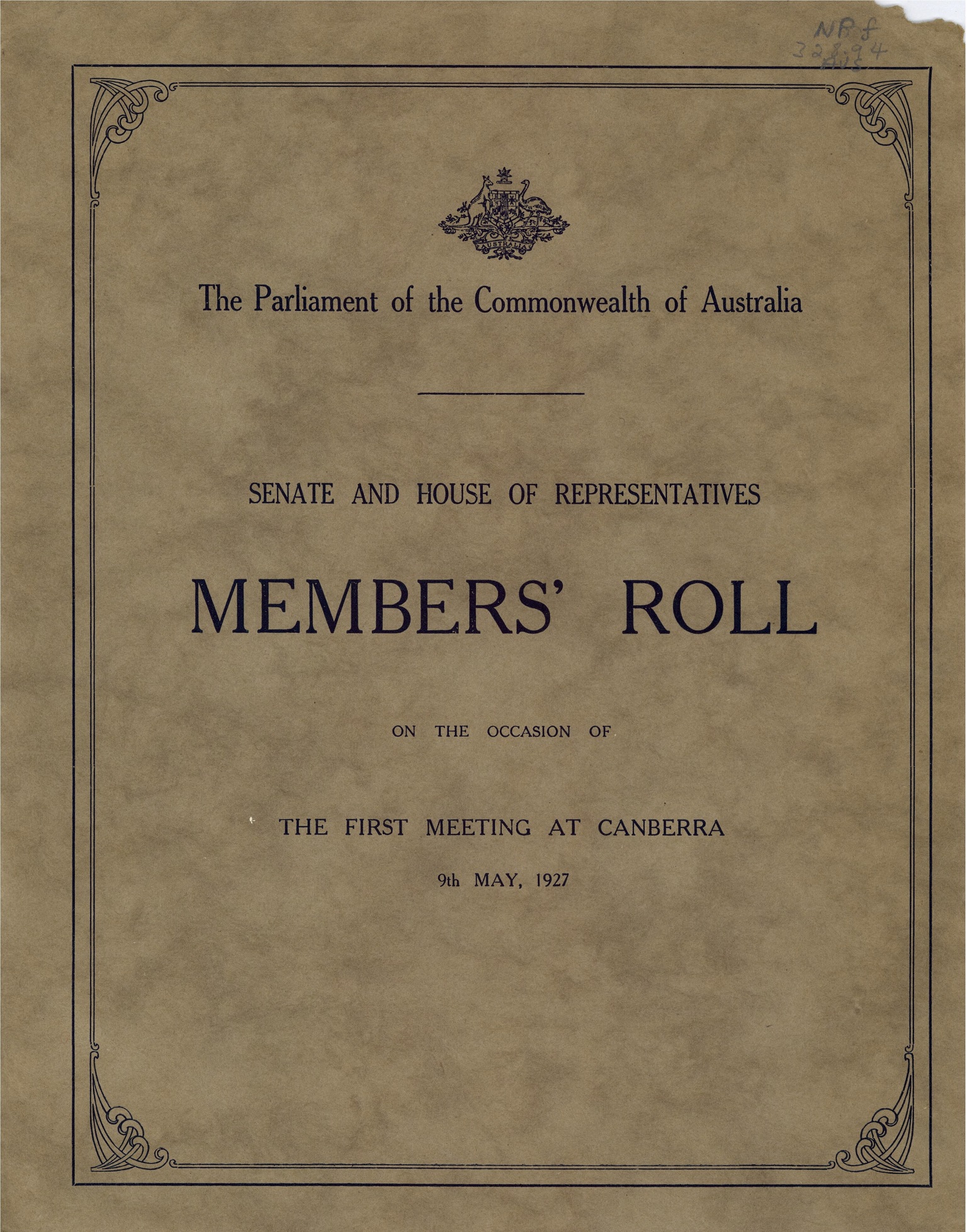 Cover of the Senate and House of Representatives Members' Roll for the first meeting at Canberra on 9th May, 1927, with decorative border and official emblem.