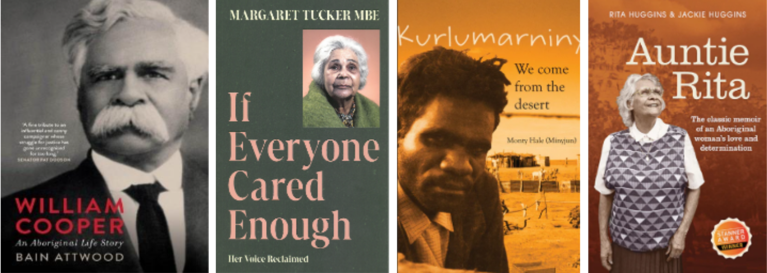 Covers of four First Nations biographies and autobiographies