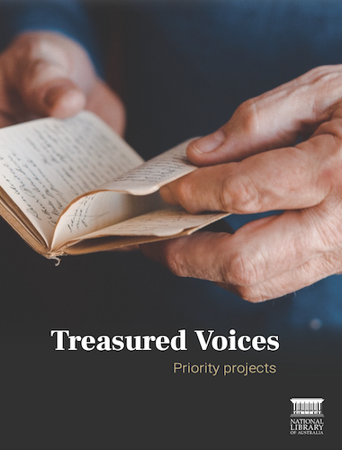 Cover of Treasures Voices: Priority Projects booklet with a photo of hands holding a small, old notebook with handwritten notes