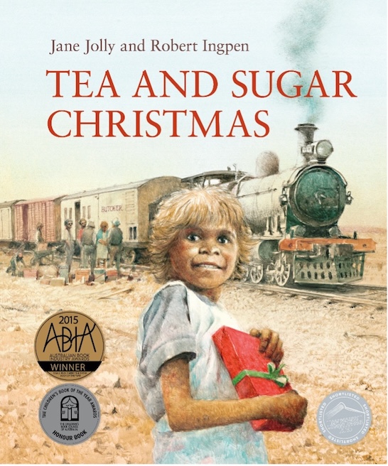 Cover for children's book 'Tea and Sugar Chrismas' featuring an illustration of a young child holding a wrapped christmas present standing and smiling in front of a train