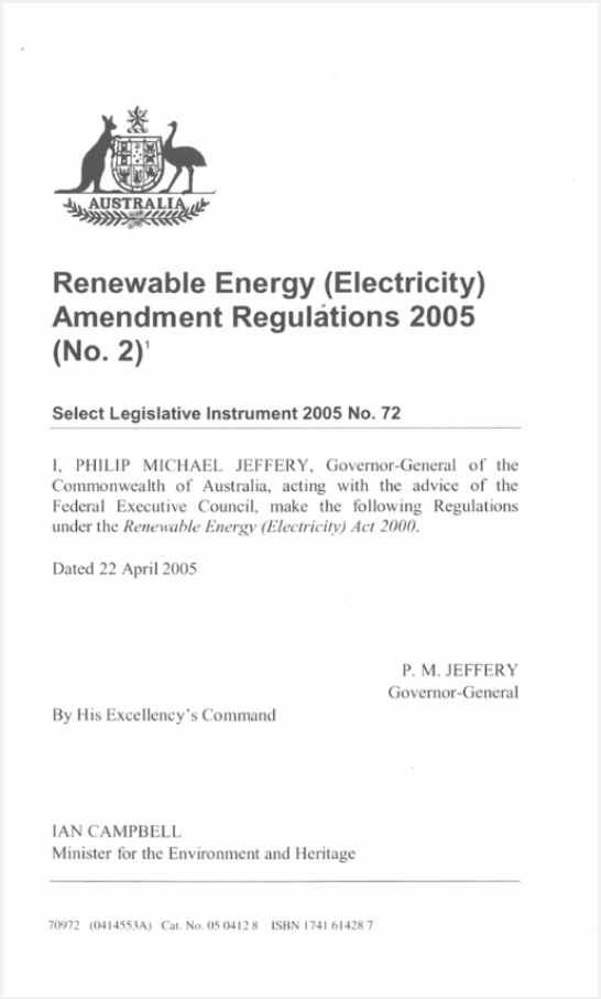 Cover page of 'Renewable Energy (Electricity) Amendment Regulations 2005 (No. 2)' document