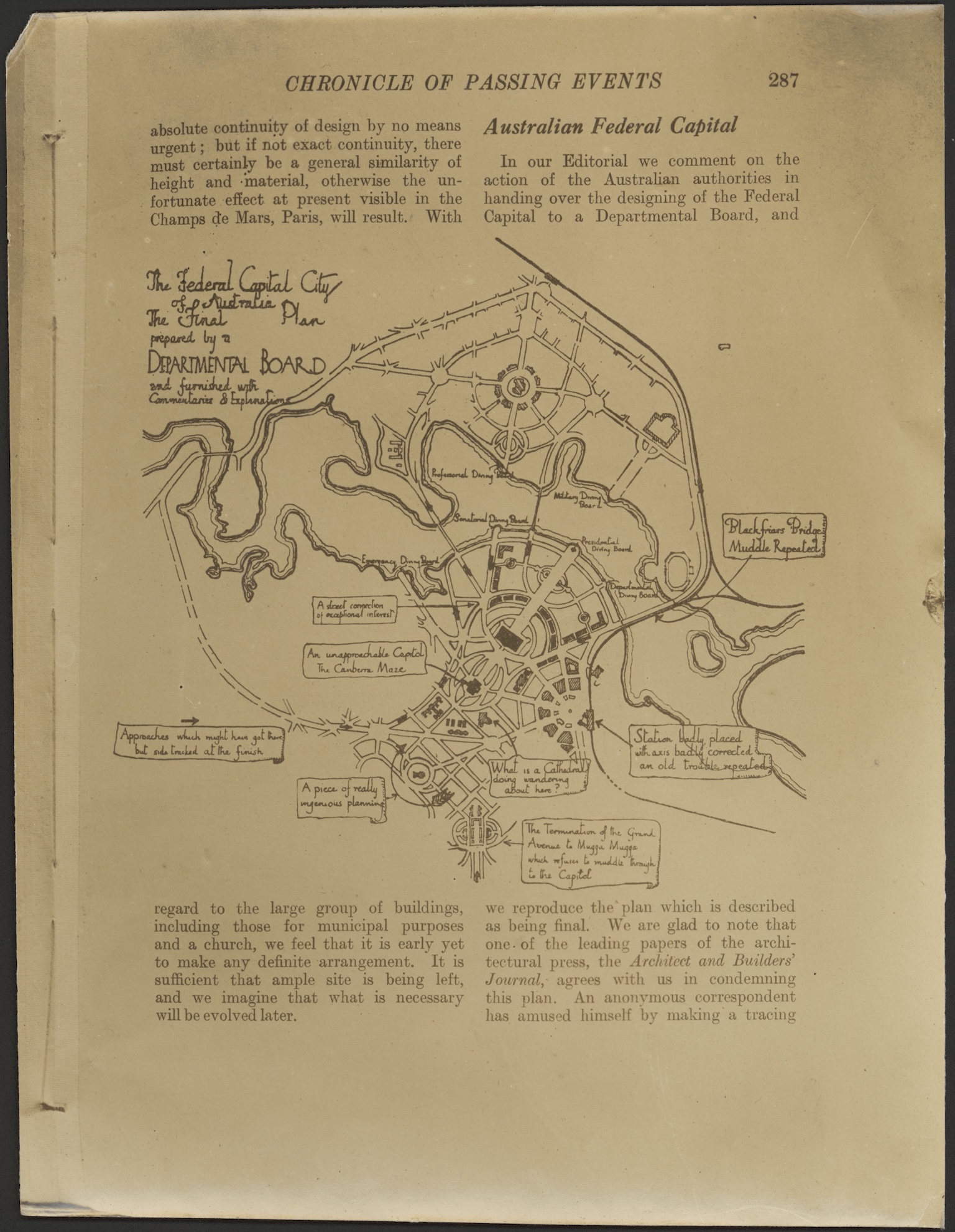 Page of a magazine featuring final plan for Australian capital city with some detail about the plan