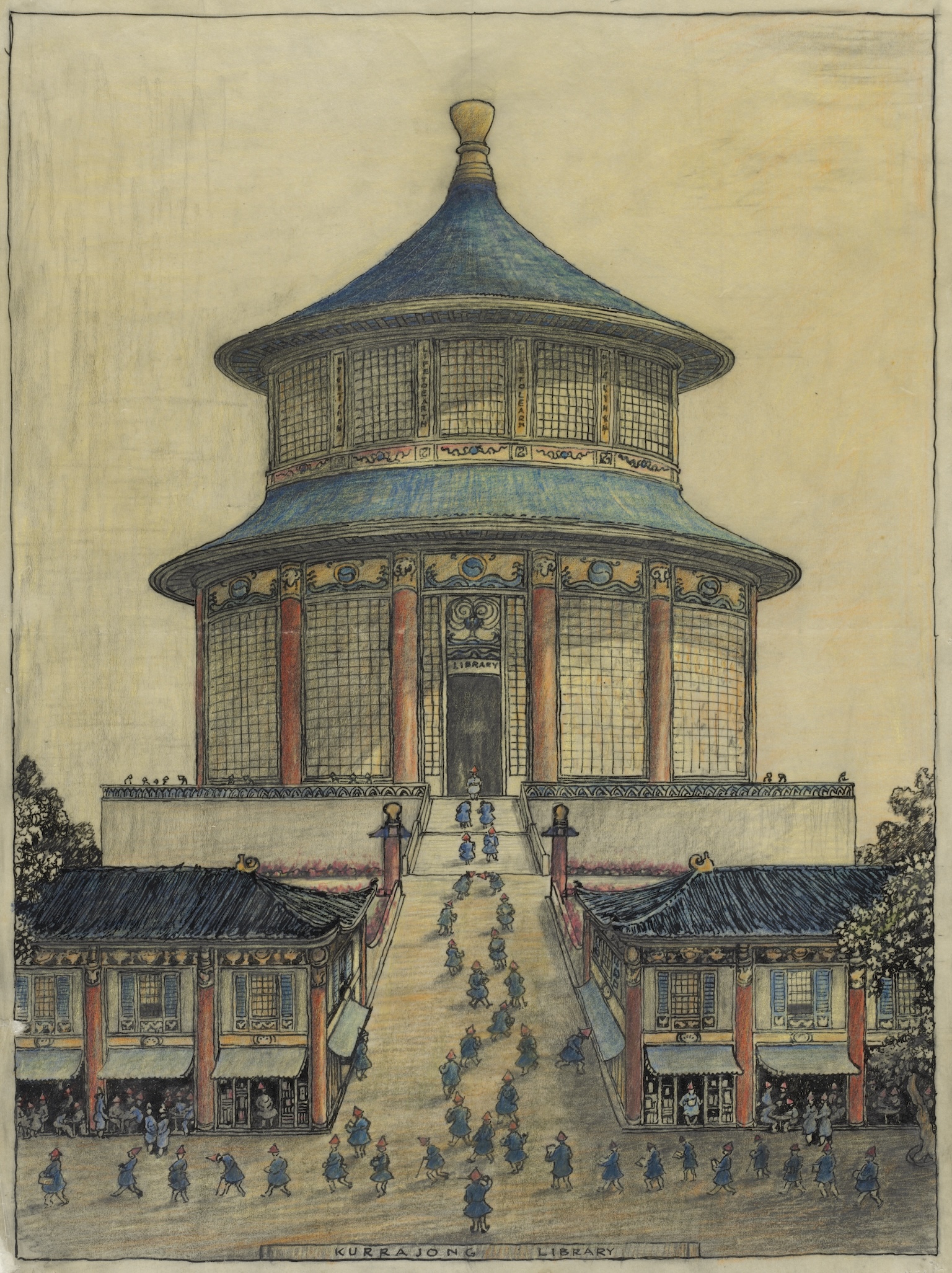 Illustration of a tall building in Chinese archtectural style with lots of people going up the tall steps towards the building