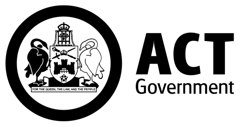 Logo with the Coat of Arms of Canberra, which features a shield with a white rose, a portcullis, a castle, and a sword. It includes a gum tree, a crested portcullis, and supporters of black and white swans.