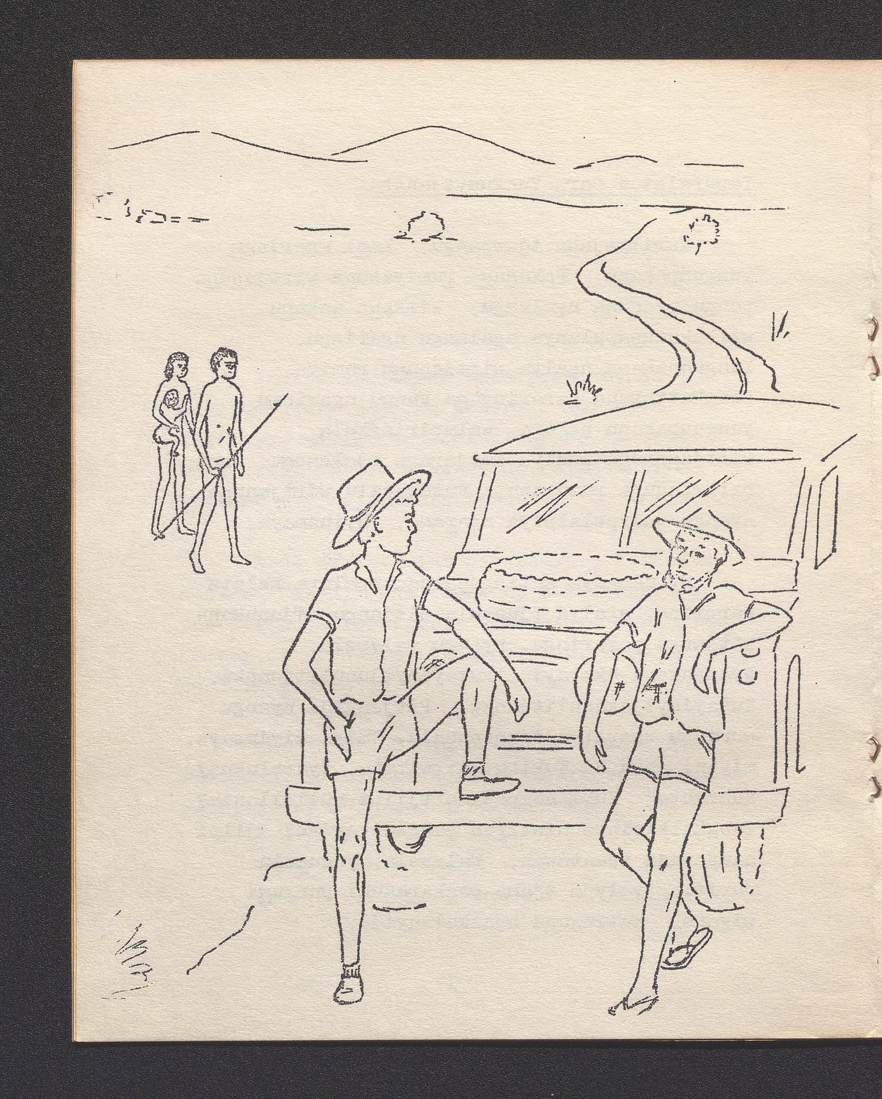 Line art that depicts a ute that is stopped on a road and two people by the hood of the ute talking, two observers look on from a distance