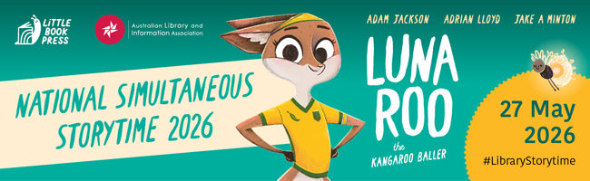 A light teal banner with the National Simultaneous Storytime 2026 to the left of Luna Roo the title to her right