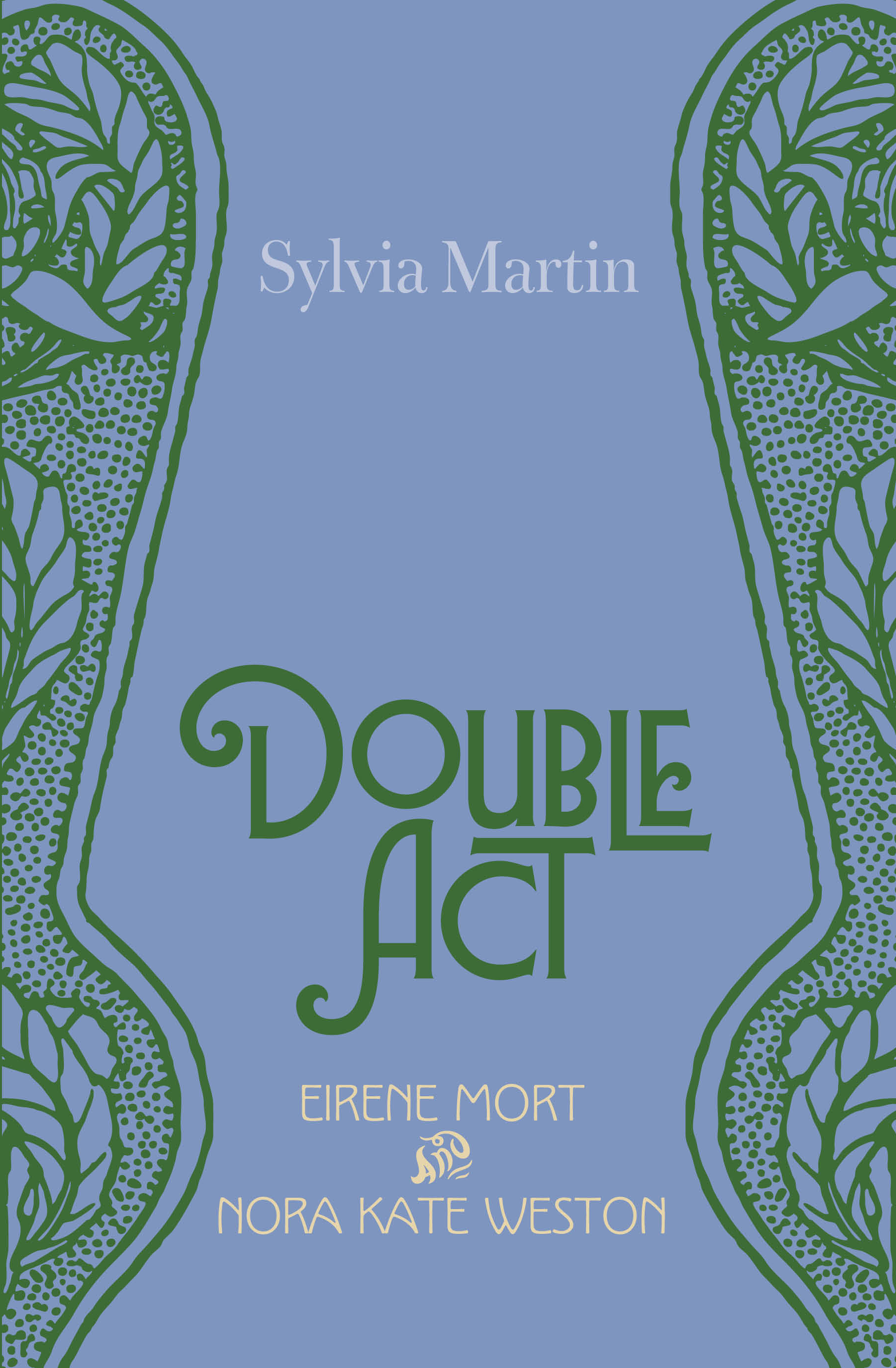 Book cover with green title text and motif on a blue background