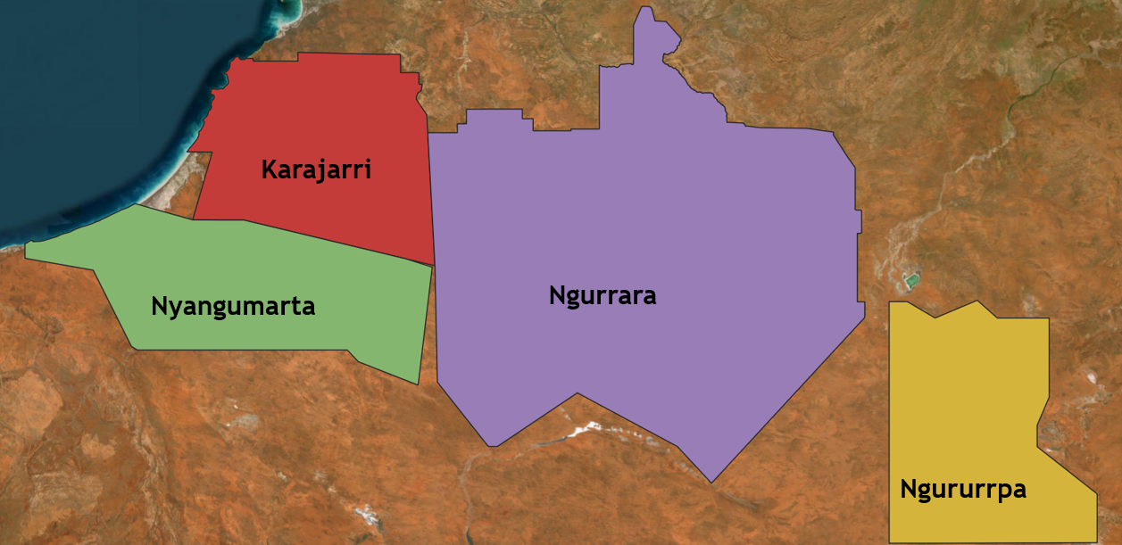 A map showing four colour coded regions in the Great Sandy Desert with the Country names Nyangumarta, Karajarri, Ngurrara and Ngururrpa