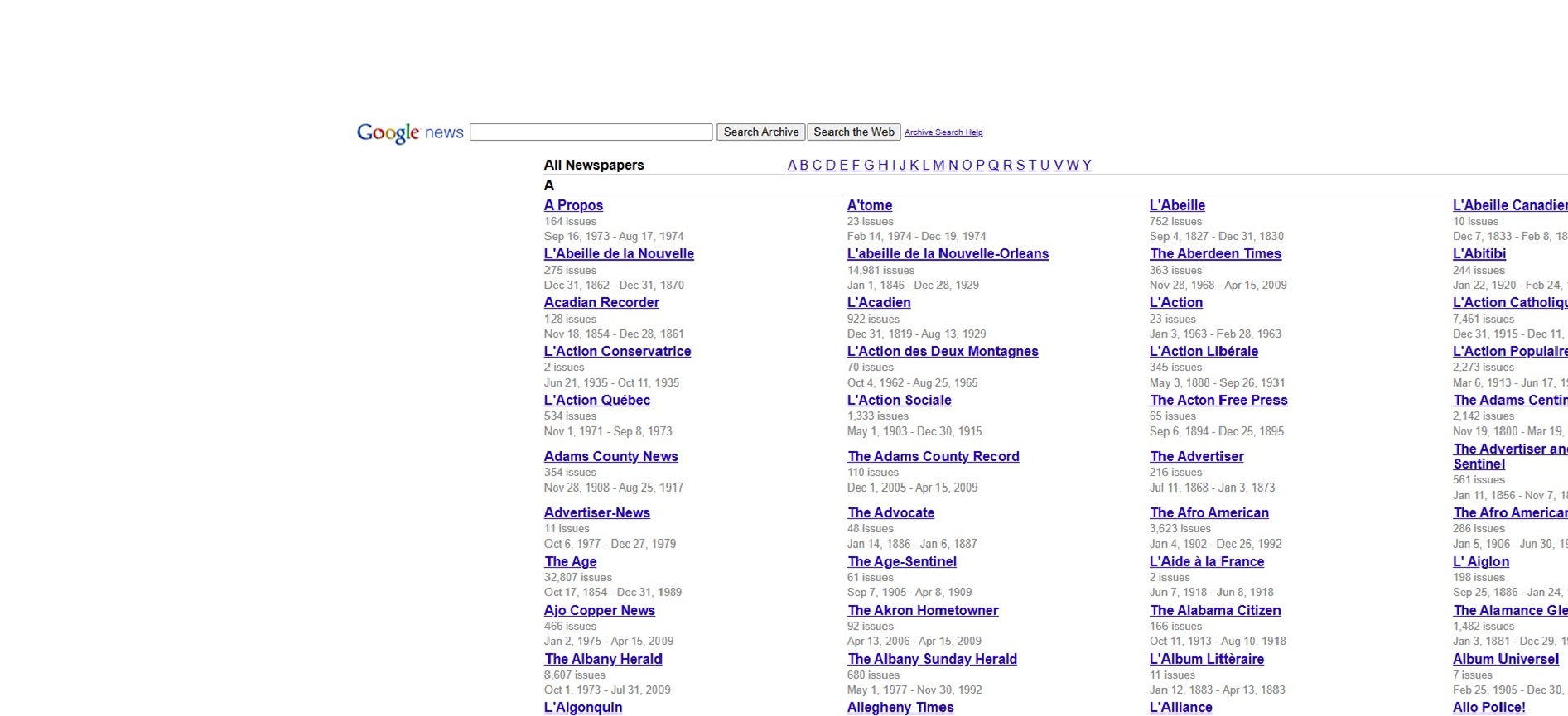 Screenshot of Google News Archive Homepage