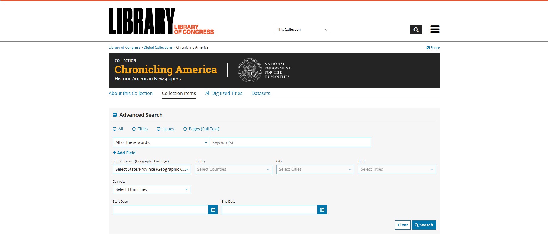 Screenshot of Library of Congress, Chronicling America Homepage