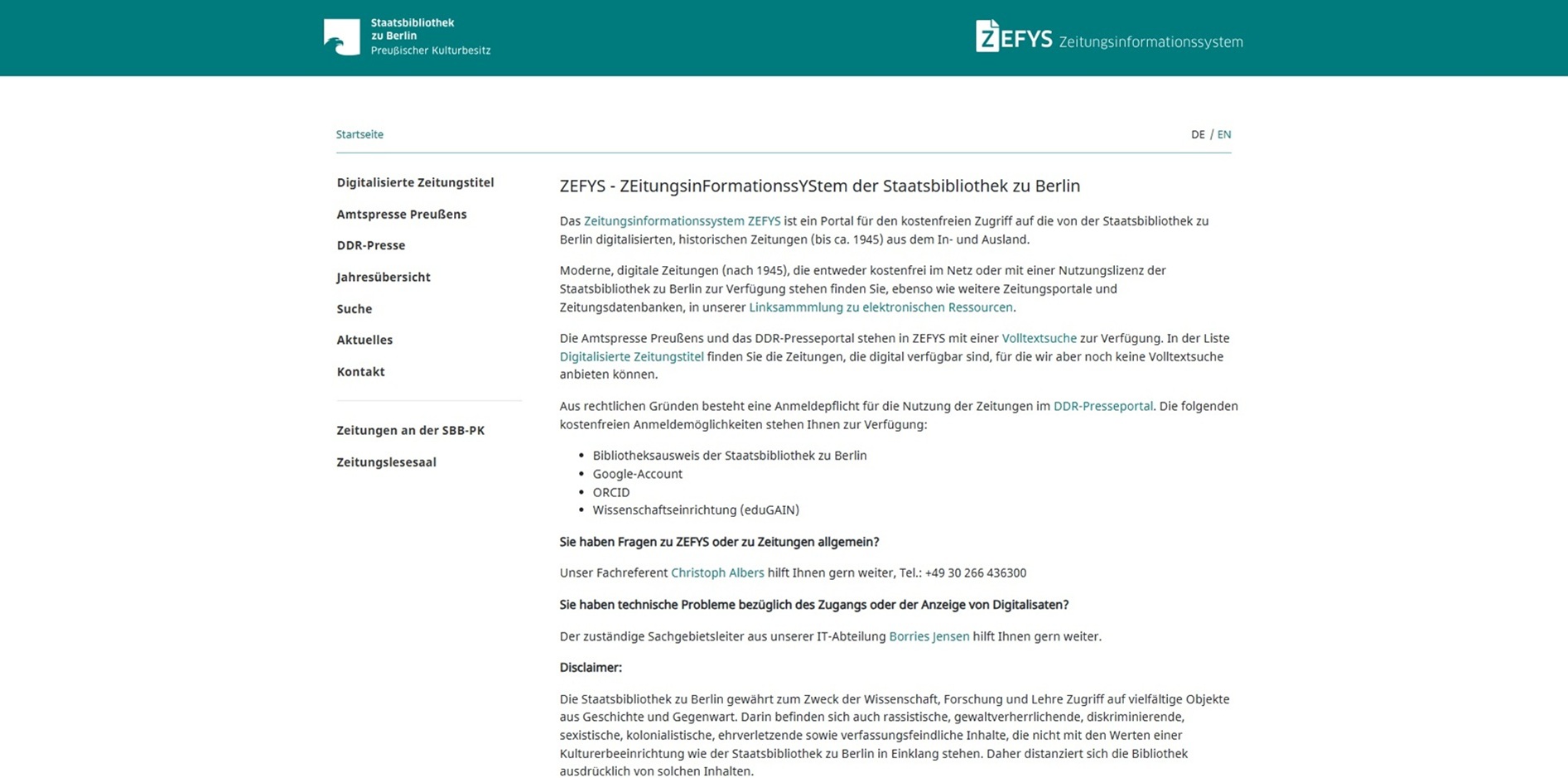 Screenshot of Staatsbibliothek zu Berlin Homepage