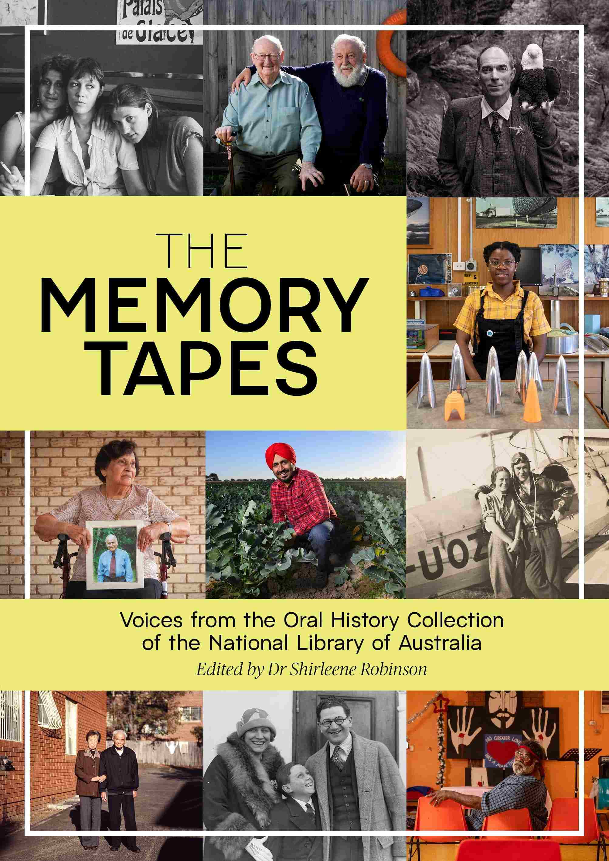 Collection of various portraits, from groups of people to individuals, with the title 'The Memory Tapes' on a yellow back