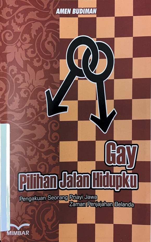 The female and male gender symbols on a brown and checkerboard pattern cover with text written in the Indonesian language