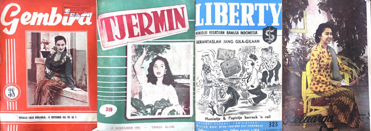Four magazine covers in bright colours with women and illustrations on them