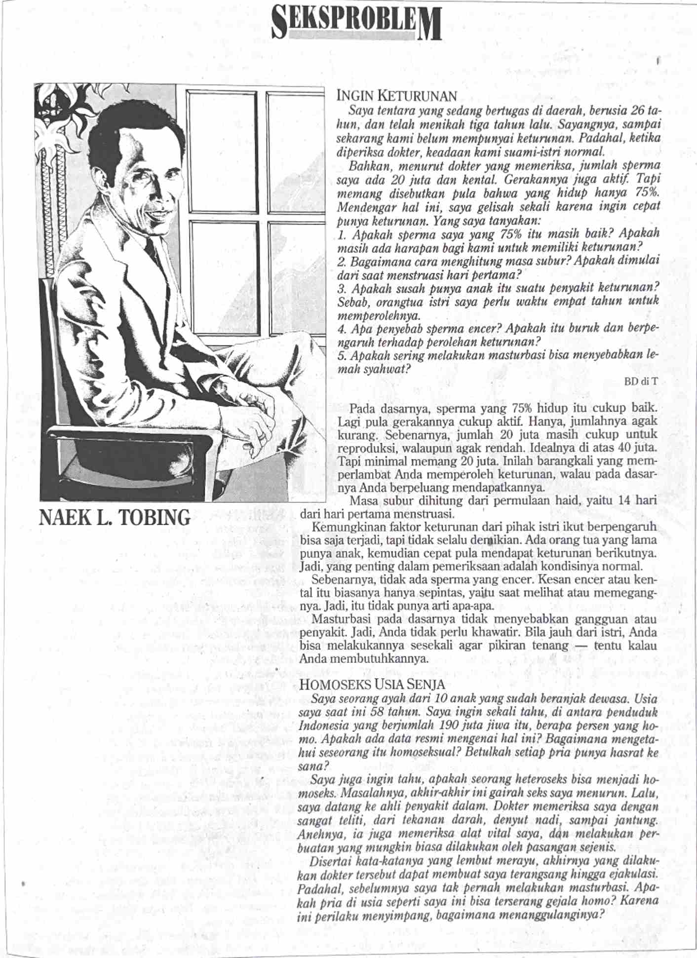 A black and white page advice column from Seks Problem with text and an illustration of a man