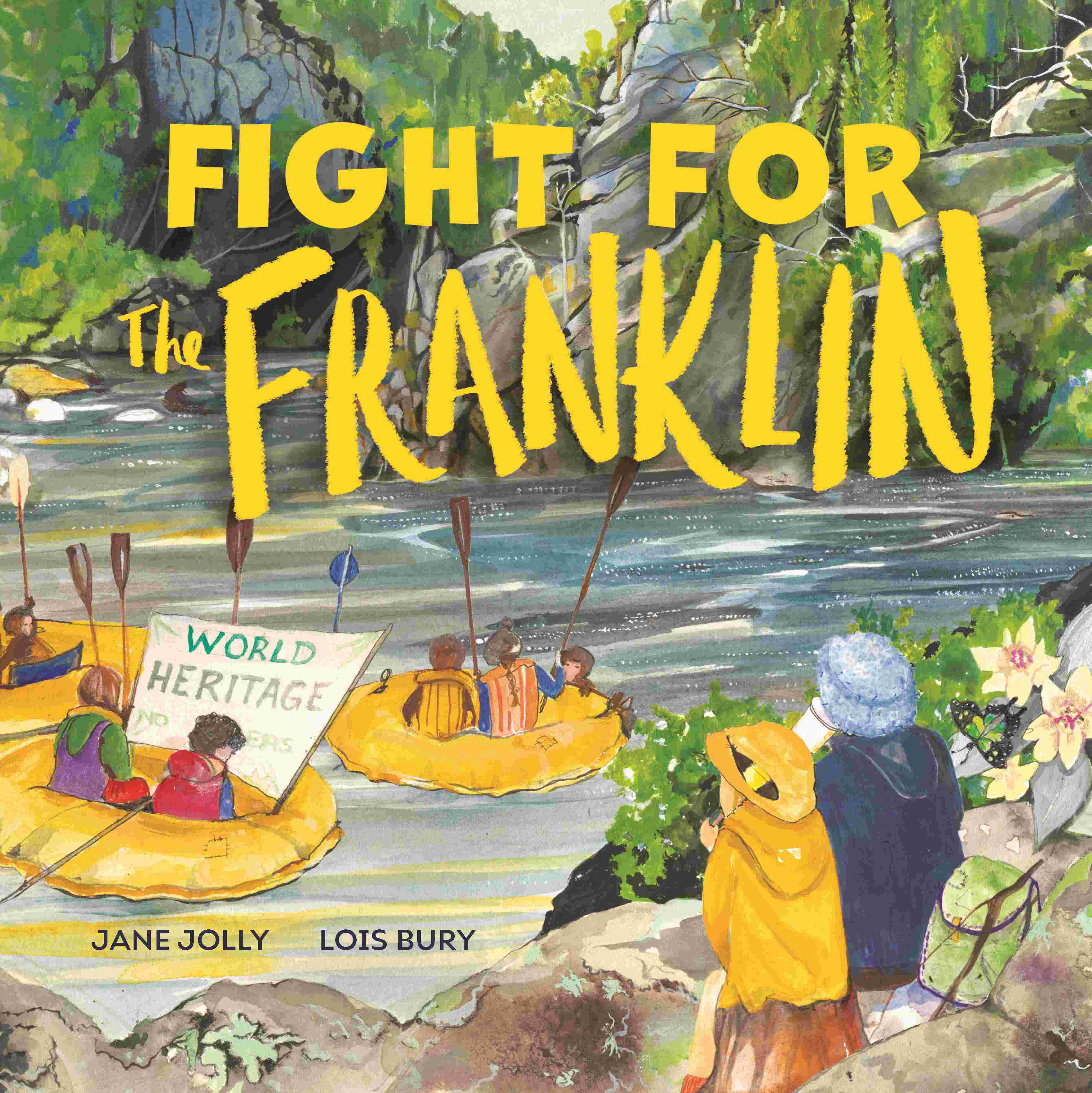 Children's book cover with an illustration of people in yellow rubber boats on a river, with a young girl and an old man looking on
