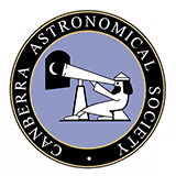 The official logo of the Canberra Astronomical Society, featuring a stylized silhouette of an astronomer looking through a telescope inside a circular emblem.