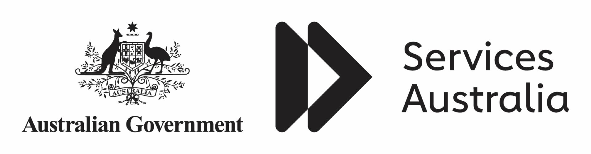 Logo featuring the Australian Coat of Arms next to a play button icon and the text Services Australia.