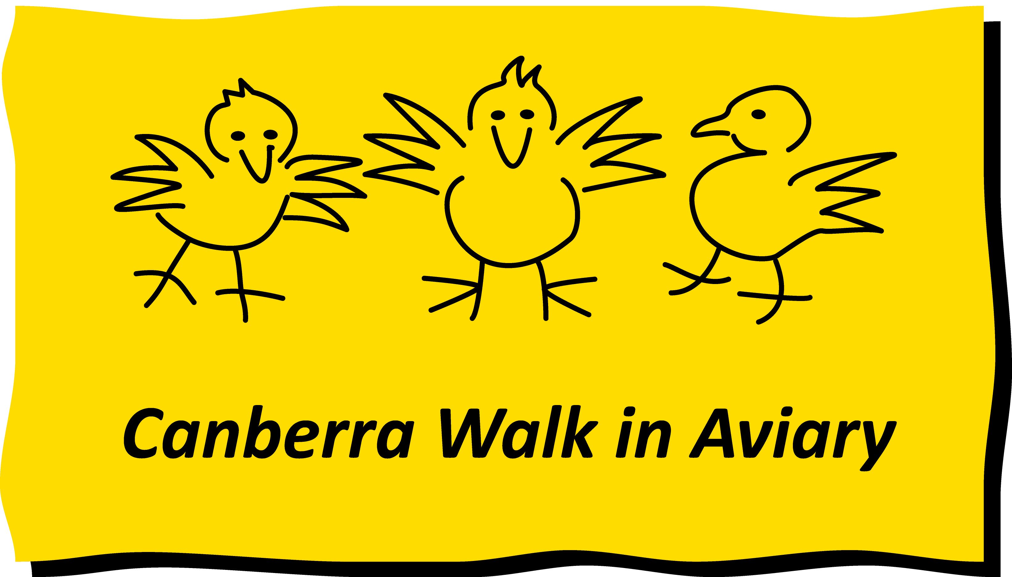 Logo features a yellow background with black line cartoon drawings of birds