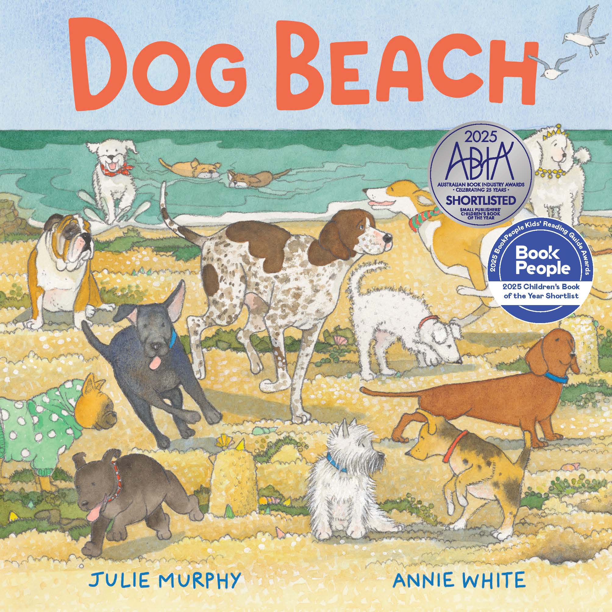 Cover of the book 'Dog Beach' showing dogs running around on a beach
