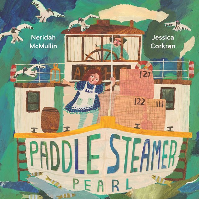 Illustration of the paddle steamer Pearl on a river, with birds flying overhead, fishing nets on deck, and two figures aboard in a colorful painted style.