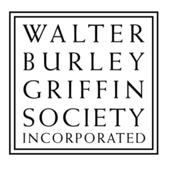 A black and white logo for the Walter Burley Griffin Society Incorporated, featuring the name in a classic serif font centered within a double-lined square frame.