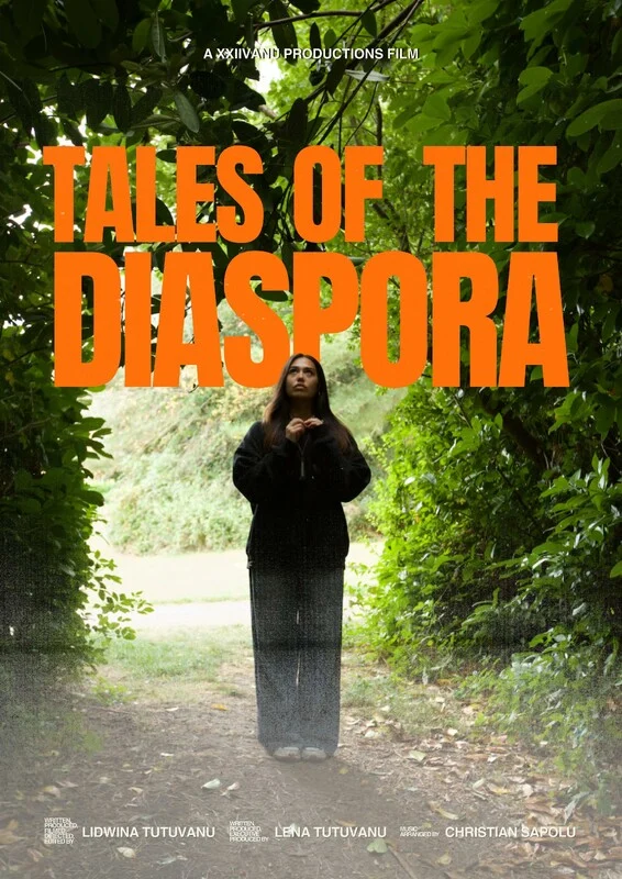 A film poster featuring a women pictured on a path beneath a cover of trees