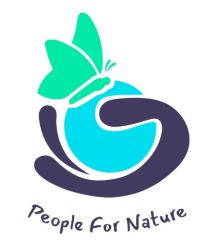 A logo featuring a stylized green butterfly resting on a blue circular shape, which is embraced by a dark purple curved line forming a 'G' shape. Below, the text 'People For Nature' is written in a cursive font.
