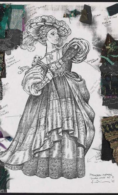 Black and white sketch of costume for the Princess-Mother in Swan Lake, with swatches of fabrics around the edges