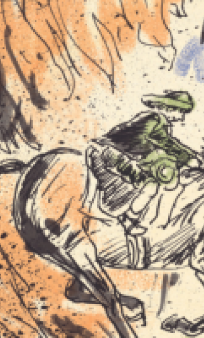 Sketch of boy riding a horse through a forrest fire, with black ink and messy colouring