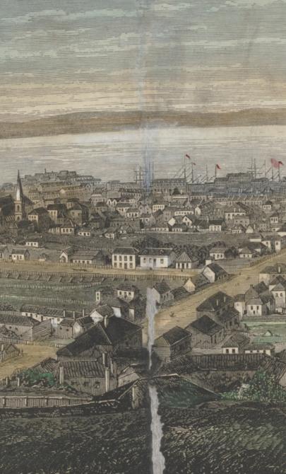 Long illustration of Hobart from slightly above, showing the size and layout of the city and types of buildings