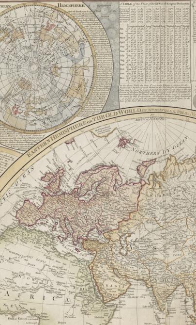Three detailed maps with significant surrounding text. The largest map at the bottom shows Europe, Asia and north Africa. A small circular map on the top left shows constellations visible from the Southern Hemisphere. Another small circular map on the top right shows longitude and latitude lines