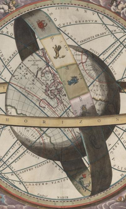 Globe of the world, surrounded with rings depicting the 'horizon' and signs of zodiac