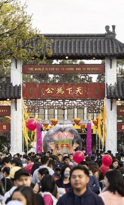 Street full of people celebrating Fairfield City Council's Cabramatta Moon Festival
