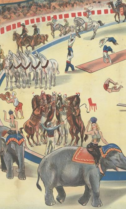 Illustration of circus ring with horses, acrobats, elephants and other circus acts