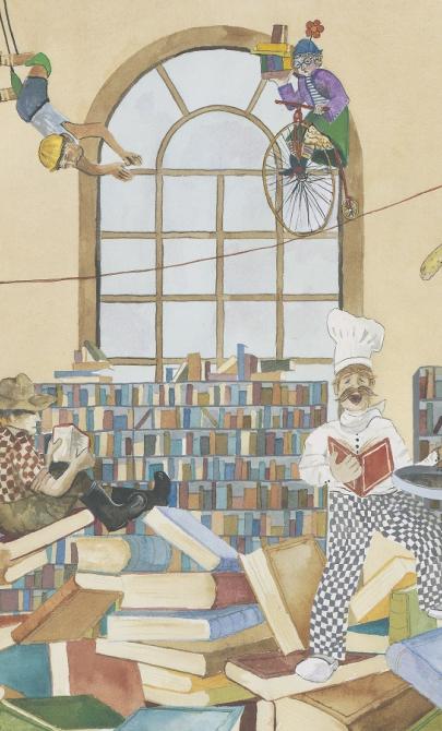 Illustration of a library with shelves full of colourful books and various characters, including a chef, giraffe and clown, reading