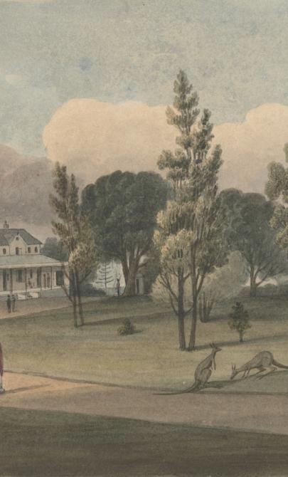 Watercolour of a path leading up to a large house, with a city in the background. Along the path is a well dressed woman, a man in military uniform and a gardener. In the garden around the path are trees, bushes and two kangaroos