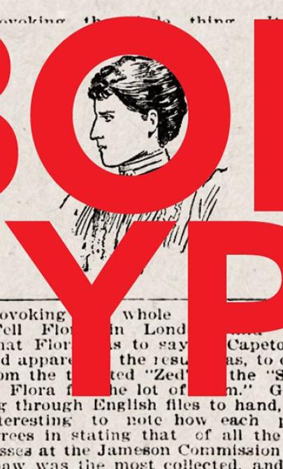 Old newspapers form the background, with bright red letters reading 'Bold Types' on top.