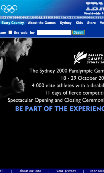 Screenshot of an old website with a blue colour scheme, open to a page with information about the 2000 Paralympics with an image of an athlete running
