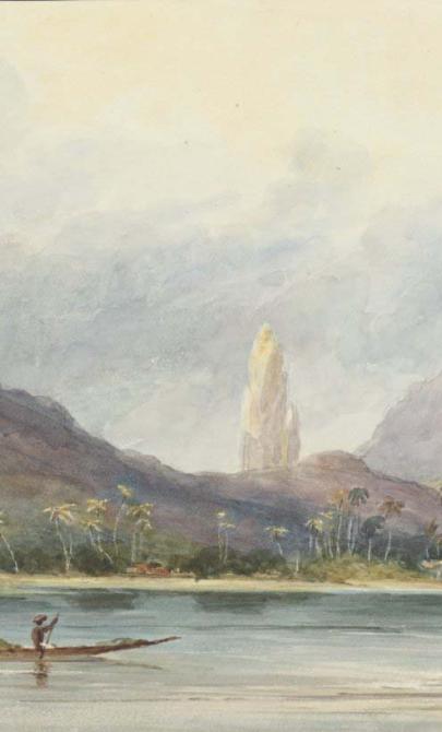 A colourful watercolour showing the mountainous coastline of Tahiti. The mountains are shades of grey, blue and purple. The sky has billowing clouds.The shore is dotted with vegetation. In the foreground, two figures row a long canoe along the coast. The canoe is carrying something, although it's unclear what it is.