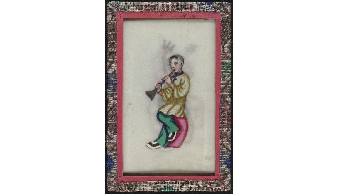 A painting of a man playing an instrument