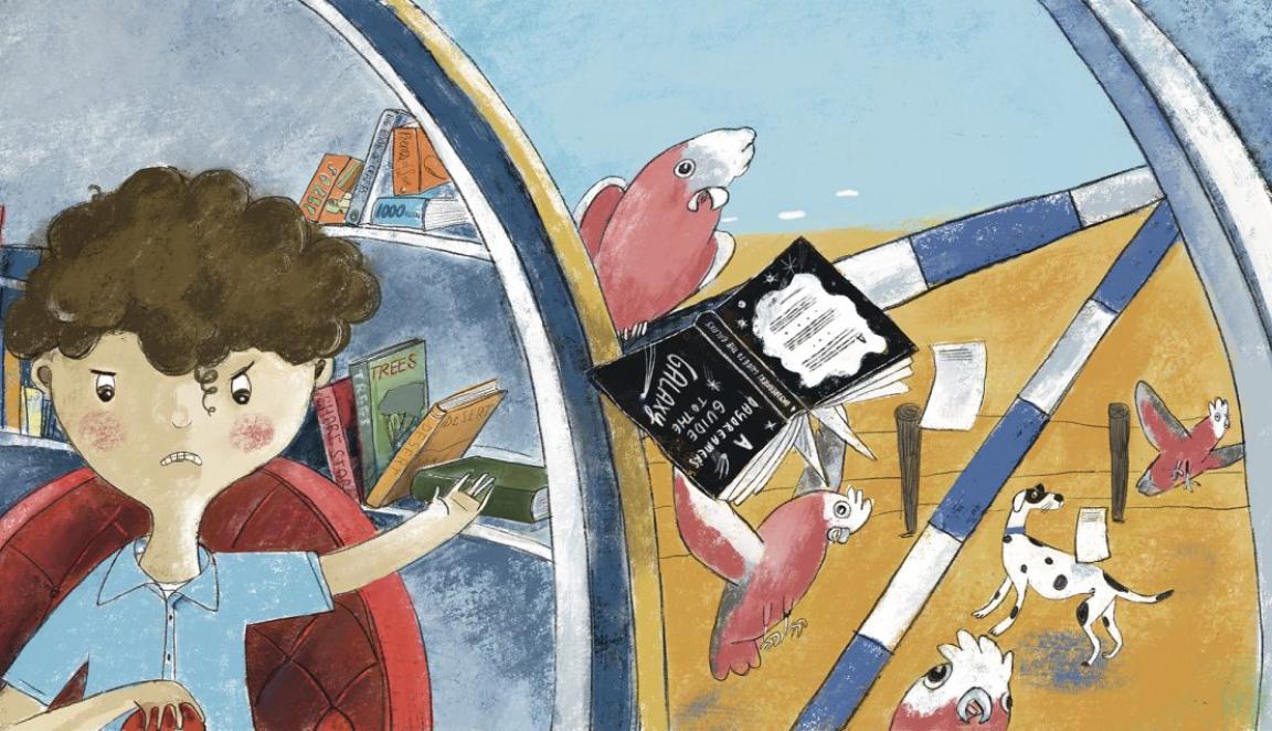 Drawing of a boy throwing a book out of a window