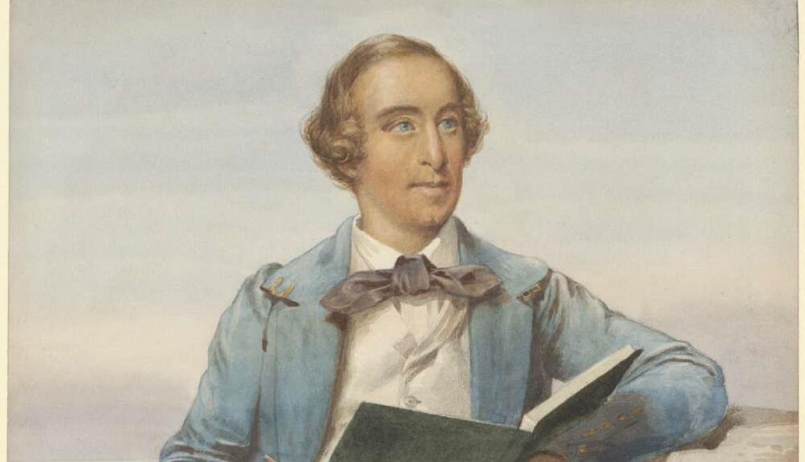 Painting of George French Angas, posed in a blue jacket and white pants, in front of a seaside backdrop.
