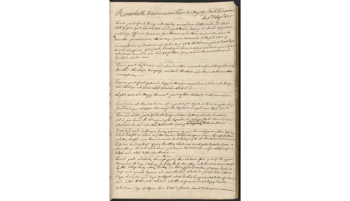 Cook's handwritten 1768 journal entry