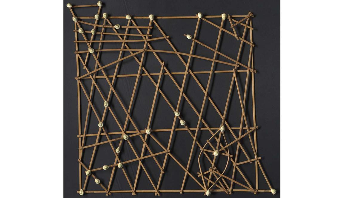 Chart indicates sailing directions for atolls and islands using sticks and shells