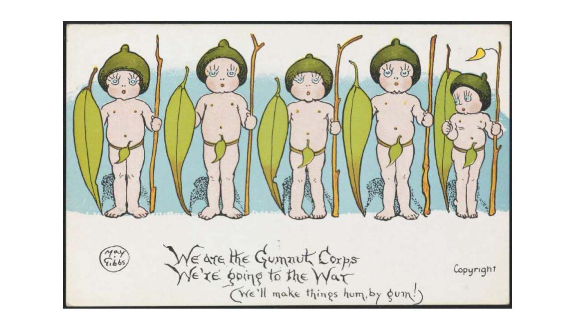 Five figures depicted on postcard with captioned rhyme.