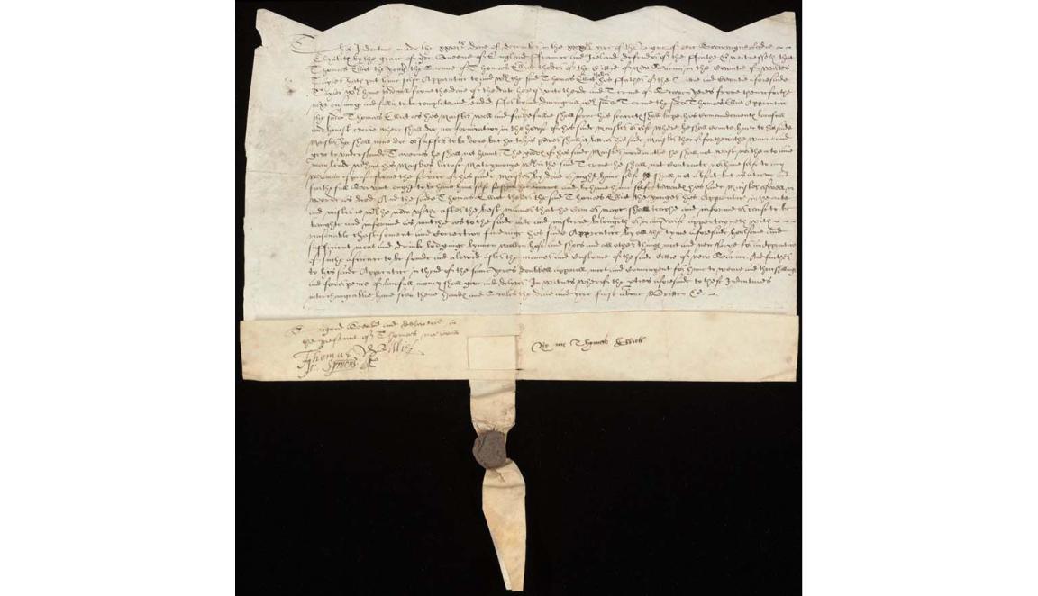 A handwritten contract. The top edge of the document is cut in a zig-zag manner. The bottom edge is folded once and a tail/strip of paper hangs off it. In the middle of the strip is a red wax seal with a crest on it.