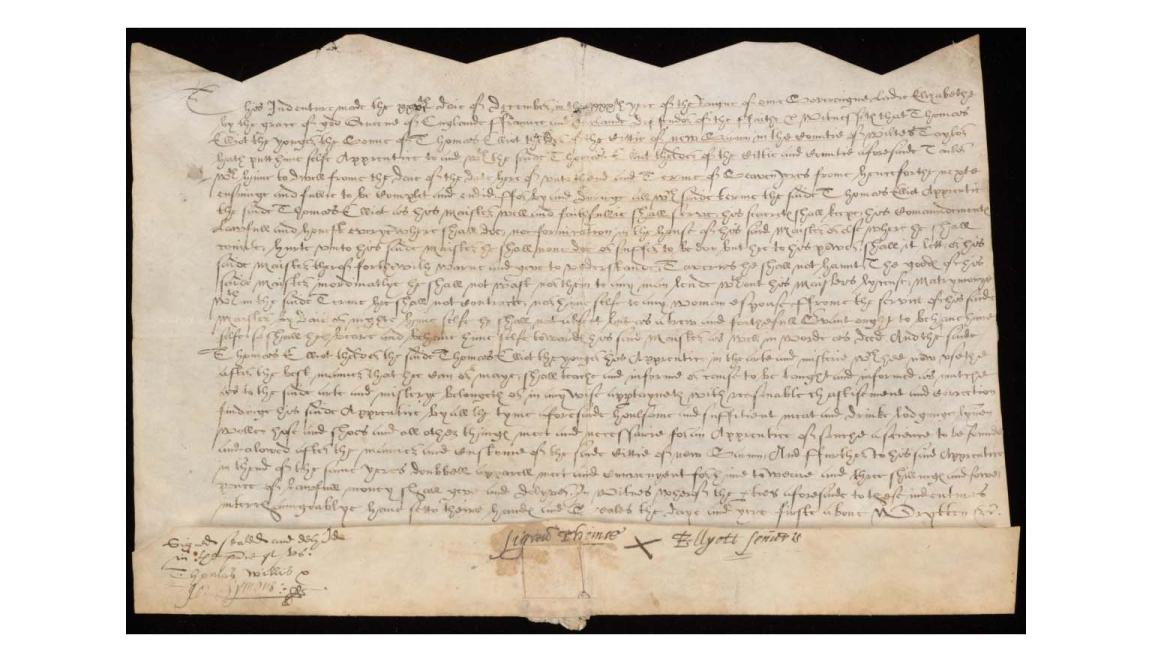 A handwritten contract. The top edge of the document is cut in a zig-zag manner. The bottom edge is folded once. In the middle of the bottom edge the remnants of a strip of paper are still attached. It is ripped close to the bottom edge of the main page.